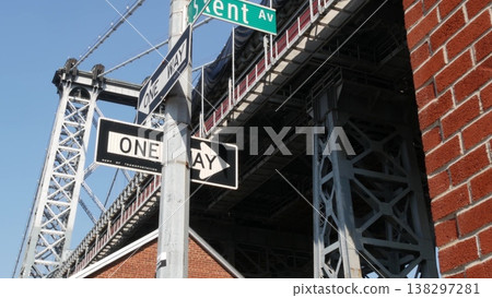 Williamsburg Bridge in Brooklyn, New York City, USA. Transport metallic bridge near Marcy Av subway. 138297281