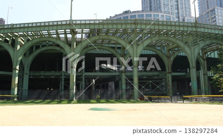 New York Manhattan, USA. Riverside Park South. Miller highway remnant, elevated viaduct, arch bridge 138297284