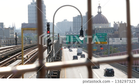 Williamsburg Bridge in Brooklyn, New York City, USA. Transport road near Marcy Av subway metro. Cars Williamsburg Bridge in Brooklyn, New York City, USA. Transport road near Marcy Av subway metro. Cars 138297325