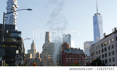 World Trade Center skyscraper tower building New York City Manhattan Downtown USA. Tribeca hot steam 138297421