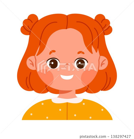 Cute happy redhead girl character smiling. Facial expression concept. Friendly child avatar with positive emotion. Kid apps and emotion education concept. Isolated vector illustration in cartoon style 138297427