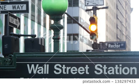 New York City Broadway subway station sign, Wall Street, USA. Manhattan Downtown metro transport. 138297433