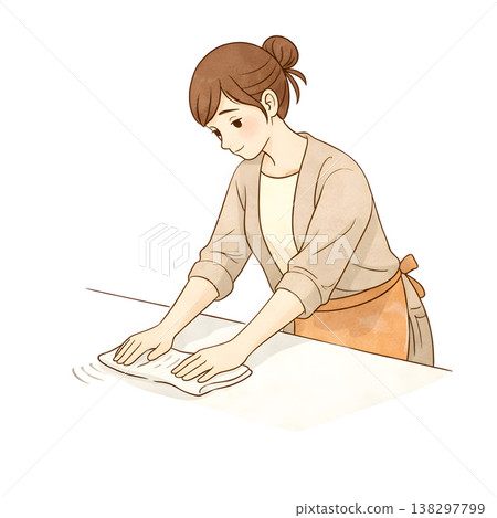 A house cleaning staff member meticulously wipes down the kitchen (simple hand-drawn illustration) 138297799
