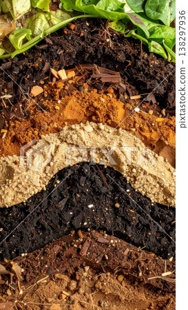 Multi Layered Soil Texture with Rich Brown Black and Green Hues Close Up Shot 138297936