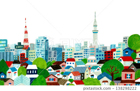 A watercolor illustration of Tokyo's cityscape and lush greenery. 138298222
