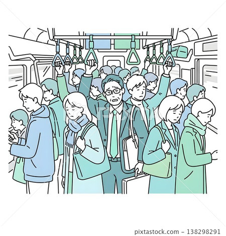 A stressful office worker enduring the rush hour on a crowded train. 138298291