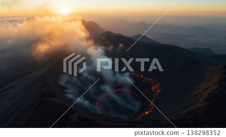 Aerial view of a steaming volcanic crater at sunrise, with glowing lava visible in the depths of the caldera. 138298352