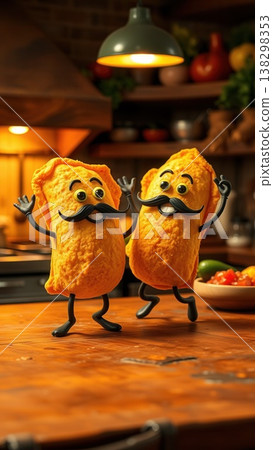 Two cheerful, anthropomorphic empanada characters with mustaches and waving hands dancing on a wooden kitchen counter 138298353