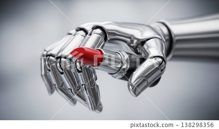 A sleek, chrome robotic hand holding a bright red lipstick, symbolizing the intersection of artificial intelligence and beauty. 138298356