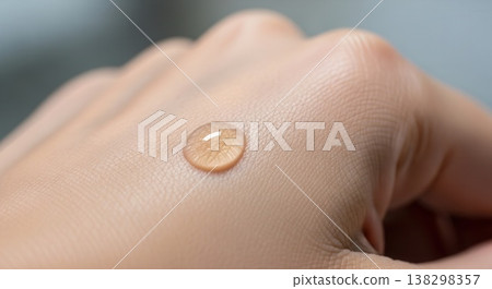 Extreme close-up of a single, clear water droplet resting on the textured surface of human skin. Extreme close-up of a single, clear water droplet resting on the textured surface of human skin. 138298357