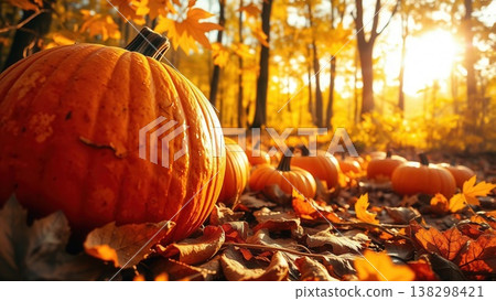 Large orange pumpkins scattered across a forest floor covered in fallen leaves during a golden sunset. 138298421