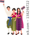 group of thai men and women in traditional costume performing wai greeting 138298722