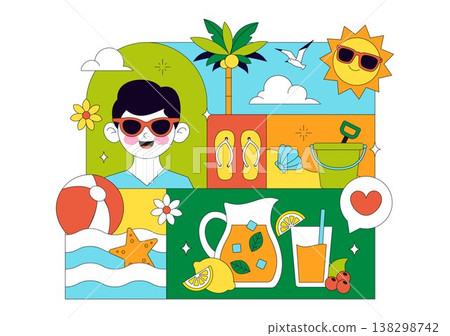 Summer Vacation Vector Illustration Featuring Beach Activities, Tropical Elements, Sunshine Holiday Scene, Ocean Leisure, and Seasonal Travel Design 138298742