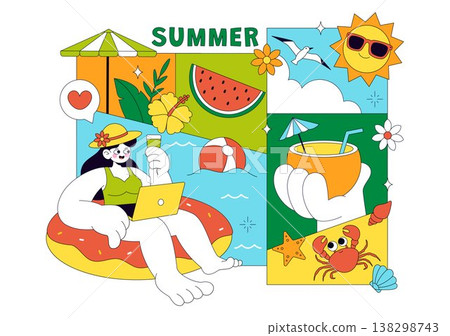 Summer Vacation Vector Illustration Featuring Beach Activities, Tropical Elements, Sunshine Holiday Scene, Ocean Leisure, and Seasonal Travel Design 138298743