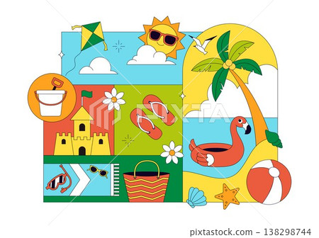Summer Vacation Vector Illustration Featuring Beach Activities, Tropical Elements, Sunshine Holiday Scene, Ocean Leisure, and Seasonal Travel Design Summer Vacation Vector Illustration Featuring Beach Activities, Tropical Elements, Sunshine Holiday Scene, Ocean Leisure, and Seasonal Travel Design 138298744