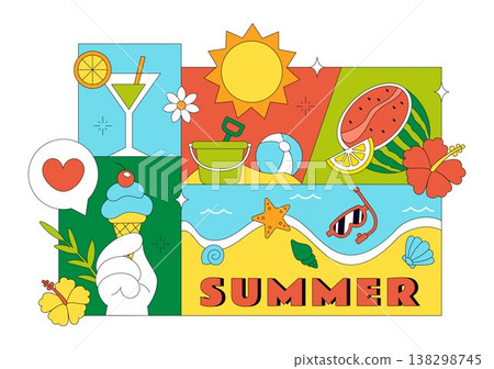 Summer Vacation Vector Illustration Featuring Beach Activities, Tropical Elements, Sunshine Holiday Scene, Ocean Leisure, and Seasonal Travel Design 138298745