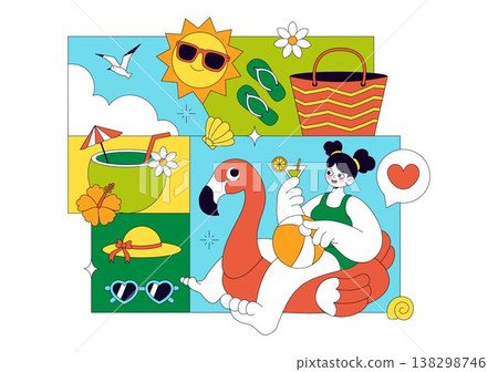 Summer Vacation Vector Illustration Featuring Beach Activities, Tropical Elements, Sunshine Holiday Scene, Ocean Leisure, and Seasonal Travel Design 138298746