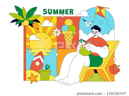 Summer Vacation Vector Illustration Featuring Beach Activities, Tropical Elements, Sunshine Holiday Scene, Ocean Leisure, and Seasonal Travel Design Summer Vacation Vector Illustration Featuring Beach Activities, Tropical Elements, Sunshine Holiday Scene, Ocean Leisure, and Seasonal Travel Design 138298747