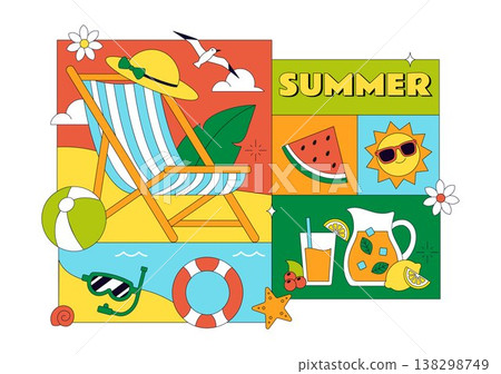 Summer Vacation Vector Illustration Featuring Beach Activities, Tropical Elements, Sunshine Holiday Scene, Ocean Leisure, and Seasonal Travel Design 138298749
