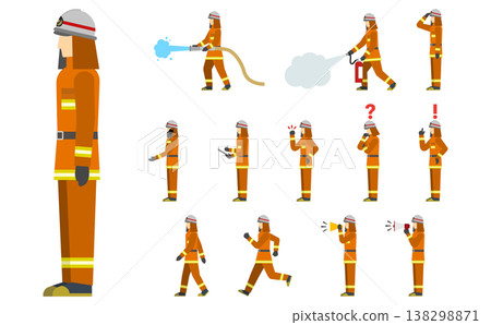 平面插圖:一群身穿橘色消防服的消防員(側視圖) 平面插圖:一群身穿橘色消防服的消防員(側視圖) 138298871