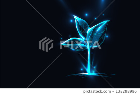 Glowing blue plant emerges from radiant light 138298986