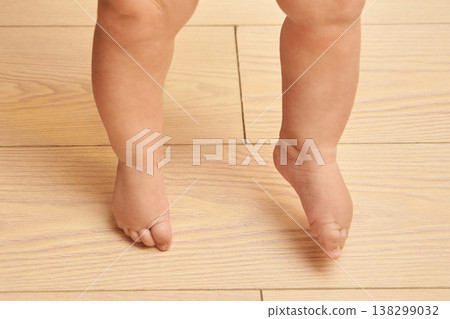 Baby Feet On Wooden Floor Caucasian Child Taking First Steps In Cozy Home Environment 138299032