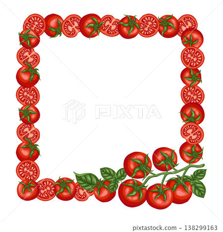 Tomato cherry branch with basil leaf square frame vector food illustration. Hand drawn cartoon drawing. Organic fresh ingredient for restaurant menu design. Perfect for product packaging template. 138299163
