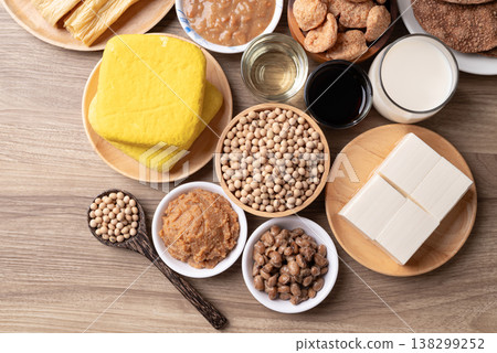Assorted soy products on wooden background Assorted soy products on wooden background 138299252