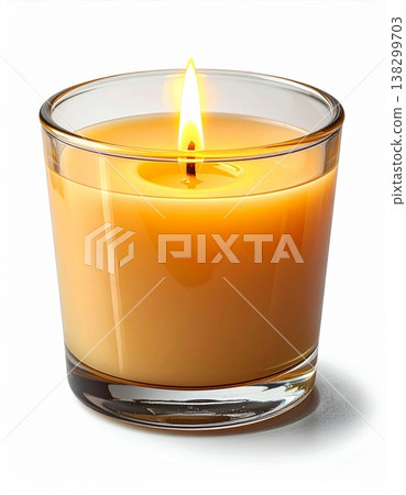 Illuminated Orange Candle in Clear Glass Container on White Background Closeup Shot Illuminated Orange Candle in Clear Glass Container on White Background Closeup Shot 138299703