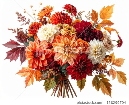 Autumn Dahlia Bouquet with Warm Hues and Fall Foliage on White Background 138299704