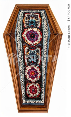 Ornate Coffin Shaped Frame with Colorful Crochet Design on White Background 138299706