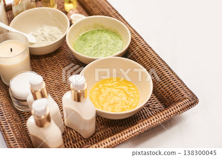 Candlelit Spa Tray With Natural Creams And Scrubs For Relaxation And Skincare 138300045