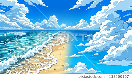 夏日海灘景色，藍天白雲，波光粼粼。 138300107