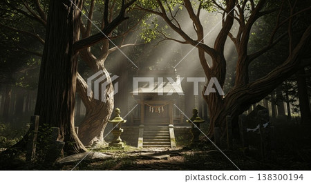 Japanese Shrine in Lush Forest with Sunlight Piercing Through the Trees 138300194