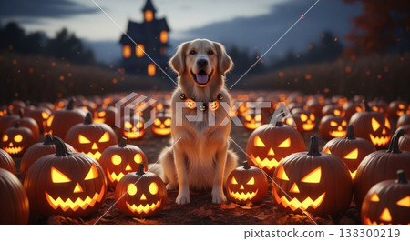 Golden Retriever Sits Among Glowing Carved Pumpkins with Spooky House in Background during 138300219