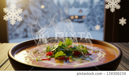 Steaming Tomato Soup Garnished With Greens in Winter Window Scene 138300238