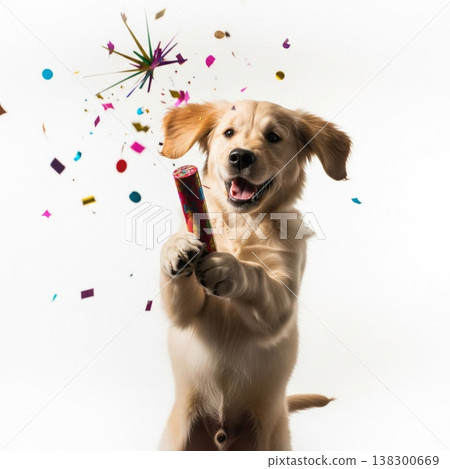 Golden Retriever Puppy Bursting Confetti Celebrating with Joy on White Backdrop 138300669