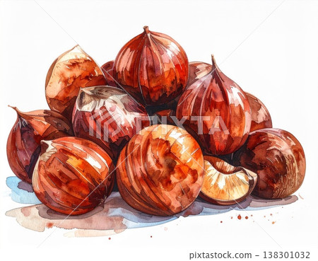 Watercolor Illustration of Heap of Brown Chestnuts on White Background 138301032