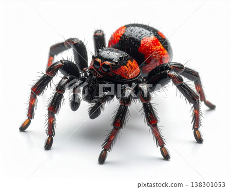 Detailed Close Up of a Black and Red Spider on a White Background 138301053