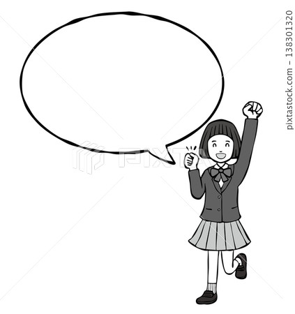 【黑白】身穿校服的女孩面帶微笑，擺出勝利姿勢，旁邊有一個對話框。 138301320