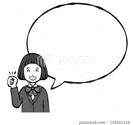 [Black and white] Girl, smiling, in a school uniform, speech bubble, upper body. 138301328