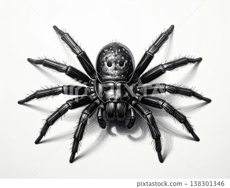 Detailed Drawing of a Black Spider on White Background with Intricate Leg and Body Details Realistic Arachnid 138301346