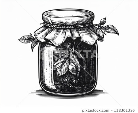 Black and White Etching of a Glass Jar Filled with a Sweet Jam and Topped with Cloth and Leaves 138301356