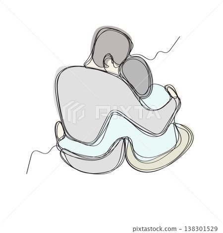 One continuous line drawing of a couple sitting and embracing with colors illustration vector isolated on white background One continuous line drawing of a couple sitting and embracing with colors illustration vector isolated on white background 138301529