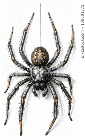 Detailed Illustration of a Black and Orange Spider Hanging from Web on White 138301572