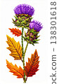 Floral Embroidery with Purple Thistle Blossom and Autumnal Leaves on White Background 138301618