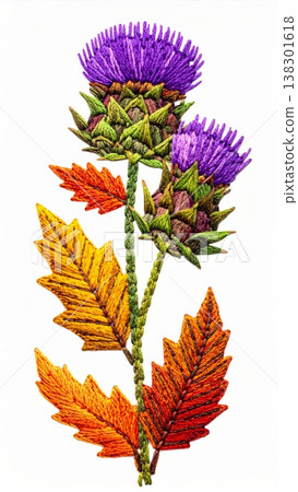 Floral Embroidery with Purple Thistle Blossom and Autumnal Leaves on White Background Floral Embroidery with Purple Thistle Blossom and Autumnal Leaves on White Background 138301618