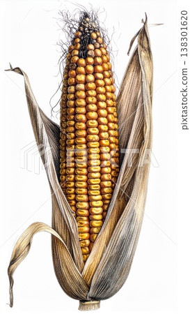 Vibrant Golden Corn Cob with Silks and Husk Detailed Illustration on White Background Vibrant Golden Corn Cob with Silks and Husk Detailed Illustration on White Background 138301620
