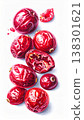 Detailed Illustration of Red Cranberries with Scattered Slices on White Background Artistically Rendered 138301621