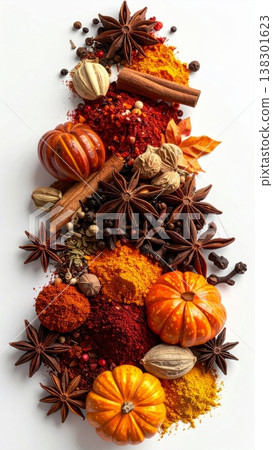 Festive Still Life Featuring Spices Pumpkins and Star Anise on White Background Festive Still Life Featuring Spices Pumpkins and Star Anise on White Background 138301623
